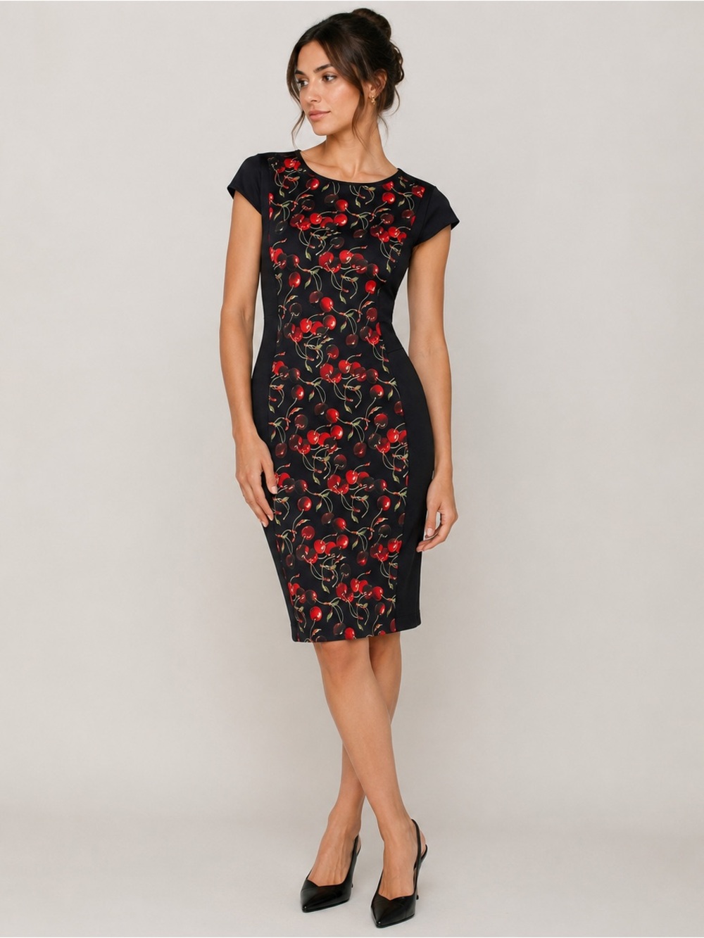 Ted Baker London Cherry Print Sheath Dress Size 4 Black Bodycon Office Party